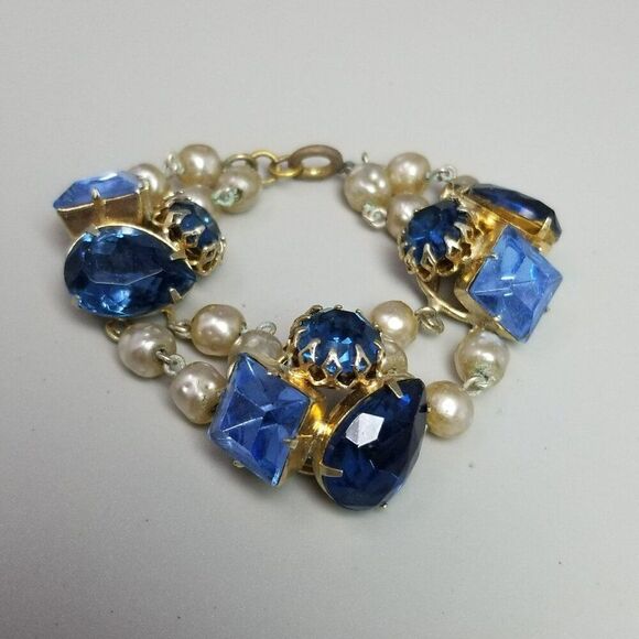Vintage Blue Rhinestone Clusters and Faux Pearl Beaded Bracelet, Made in Germany - Picture 8 of 9